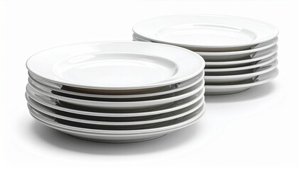 A realistic ceramic dinner plate set stacked neatly with smooth glaze finish isolated on white background
