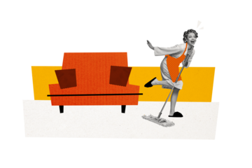 Composite photo collage of happy housewife wash floor mop disinfection cleaning duty sofa furniture isolated on painted background