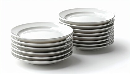 A realistic ceramic dinner plate set stacked neatly with smooth glaze finish isolated on white background
