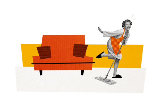 Composite photo collage of happy housewife wash floor mop disinfection cleaning duty sofa furniture isolated on painted background