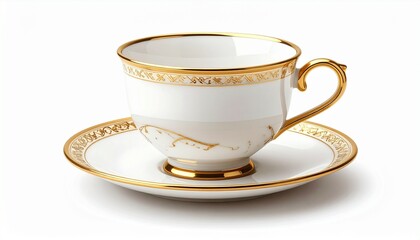 A realistic porcelain teacup with saucer and delicate gold trim isolated on white background

