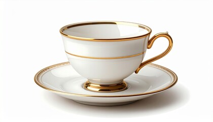 A realistic porcelain teacup with saucer and delicate gold trim isolated on white background
