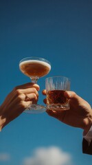Woman's Hand Holding Coupe Glass for Celebration Against Blue Sky