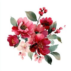 Vibrant Watercolor Illustration of Red and Pink Florals on a Crisp White Background