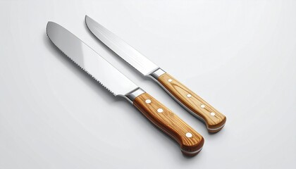 A realistic butter knife and bread knife set with stainless steel handles isolated on white background
