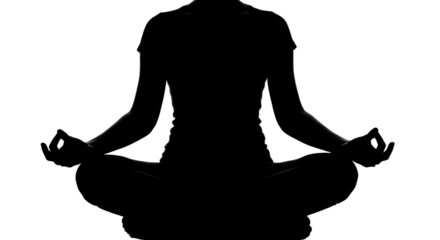 Silhouette of woman in lotus position for meditation and mindfulness isolated PNG with Transparent Background
