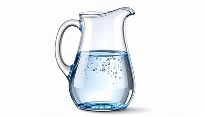 A realistic kitchen jug with handle and spout, filled halfway with water, transparent texture isolated on white background
