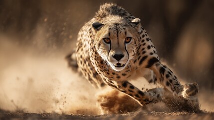 Dynamic Slow Motion Shot of a Cheetah Sprinting Through the Dusty Savanna Landscape