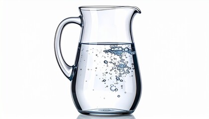 A realistic kitchen jug with handle and spout, filled halfway with water, transparent texture isolated on white background

