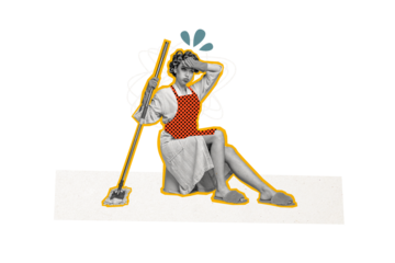 Composite photo collage of tired overworked housekeeper girl sit bucket hold mop household chores duty isolated on painted background