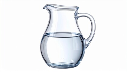 A realistic kitchen jug with handle and spout, filled halfway with water, transparent texture isolated on white background
