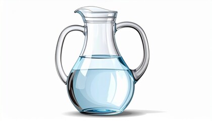 A realistic kitchen jug with handle and spout, filled halfway with water, transparent texture isolated on white background
