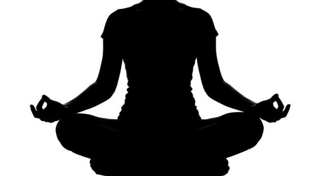 Silhouette of woman in lotus position for meditation and mindfulness isolated PNG with Transparent Background