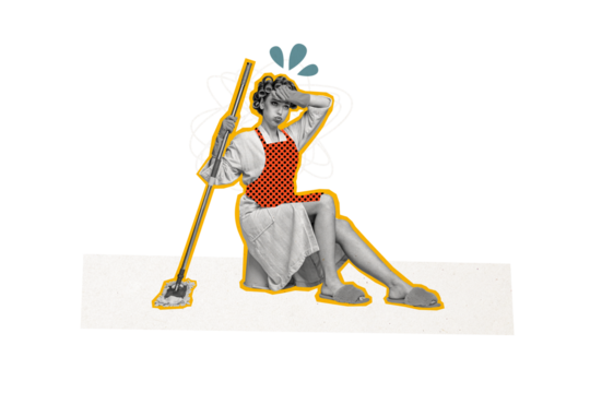 Composite photo collage of tired overworked housekeeper girl sit bucket hold mop household chores duty isolated on painted background