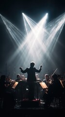 Powerful Conductor Leading Orchestra in Passionate Performance with Dramatic Lighting and Engaged Musicians
