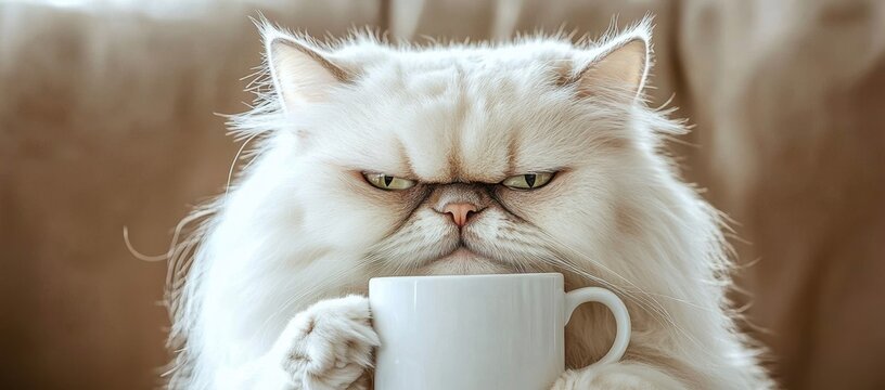 Funny Persian cat with a grumpy expression holding a coffee mug- embodying morning mood and humor. Ideal for animal or humorous themes.