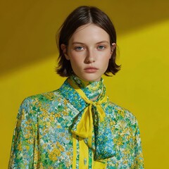 Elegant Floral Patterned Shirt with Bow Tie Collar and Vibrant Yellow Background for Fashion Editorial