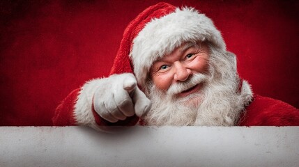 Festive Santa Claus in a red suit playfully pointing at the viewer, exuding holiday cheer and joy, perfect for Christmas-themed projects and seasonal promotions or decorations.