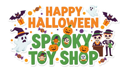 Happy Halloween Spooky Toy Shop: Delightful illustration for a spooky shop, featuring ghosts, jack-o'-lanterns, bats, and candy. A festive scene for Halloween celebration.
