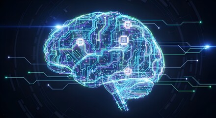 Human brain digital illustration. Electrical activity, flashes, and lightning on a black background.