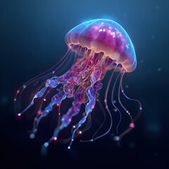 Glowing Jellyfish Floating in a Deep Ocean with Magical Bubbles of Light