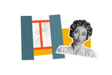 Composite photo collage of happy housewife pouted lips kiss clean window living room cleaning duties isolated on painted background