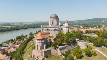 Drone View of Esztergom Basilica with Fortress in Hungary