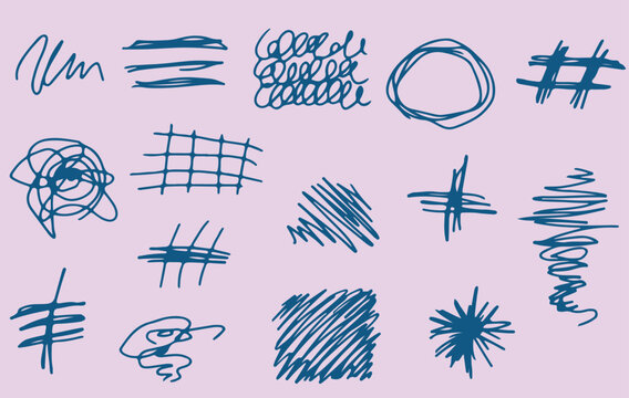 A grunge set of squiggles and scribbles. Drawn with a blue brush. Hand-drawn vector shapes with grunge aesthetic, featuring scribbling lines, rough strokes, and sketch elements. Vector illustration