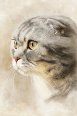 Realistic Watercolor Painting of a Scottish Fold Cat Featuring Its Distinctive Face and Expressions