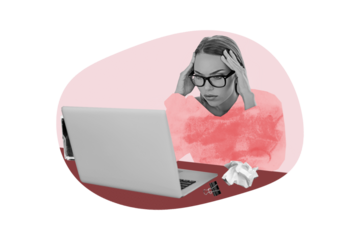 Creative design composite trend artwork collage of young woman eyewear work laptop overloaded work tired headache internet laptop office