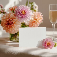 Elegant Floral Arrangement with Blank Card for Personalization in a Soft, Bright Setting