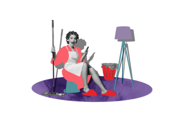 Composite photo collage of astonished housewife sit bucket hold mop phone household chores home room lamp isolated on painted background