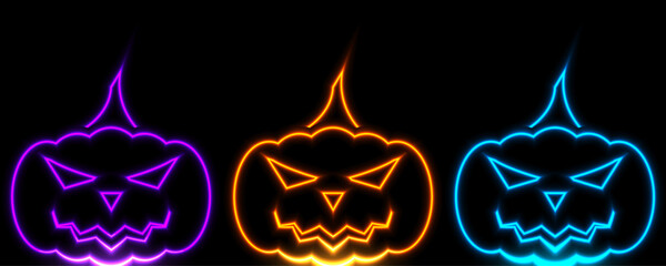 Purple, orange and blue neon Halloween pumpkins abstract holiday background. Vector modern greeting card design