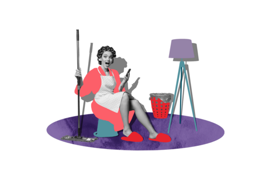 Composite photo collage of astonished housewife sit bucket hold mop phone household chores home room lamp isolated on painted background