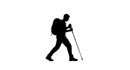 Silhouette of a hiker with backpack walking isolated PNG with Transparent Background