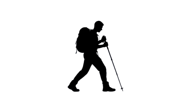 Silhouette of a hiker with backpack walking isolated PNG with Transparent Background