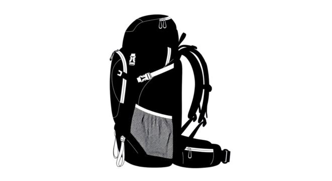 Black and white vector drawing of a backpack isolated PNG with Transparent Background