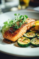 Beautifully Plated Grilled Salmon with Sautéed Zucchini and Fresh Greens for a Keto Lunch Delight