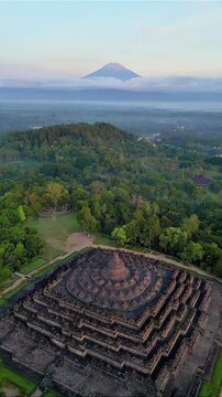 Drone Shot of Borobudur Temple and Lush Green Landscape