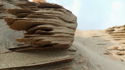 Extreme Closeup View of Wind Eroded Sand Dune and Layered Sandstone Formation