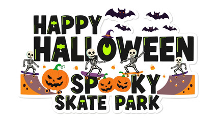 Happy Halloween Spooky Skate Park: A vibrant and festive Halloween design, a spooky skate park scene with skate-boarding skeletons and pumpkins.