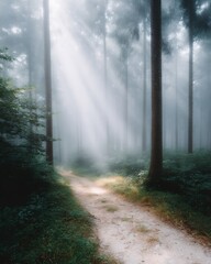 Naklejka premium Path through a forest with trees and a foggy sky