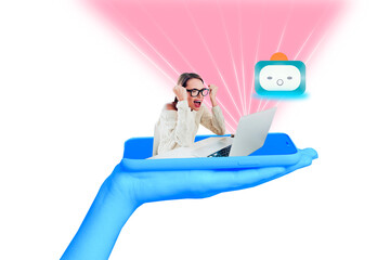 Composite trend artwork 3D sketch image collage of ai app artificial assistant bot data robot head arm hold phone lady scream laptop