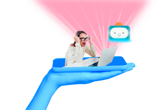 Composite trend artwork 3D sketch image collage of ai app artificial assistant bot data robot head arm hold phone lady scream laptop