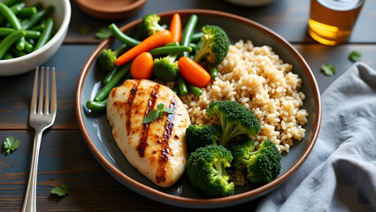A tempting, nutritionally balanced meal with grilled chicken breast, vibrant vegetables, and fluffy quinoa, presenting a delightful array of colors and textures for healthy eating and culinary joy.