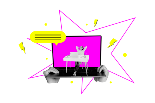 Creative photo collage computer device digital gadget display screen textbox message reply communication office worker lying relaxation