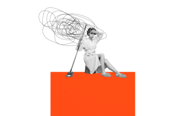 Composite photo collage of tired housemaid girl sit bucket finish cleaning duties hold mop floor disinfection isolated on painted background