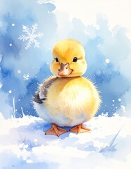 Ein kleines Entenküken sitzt oder watschelt im Schnee