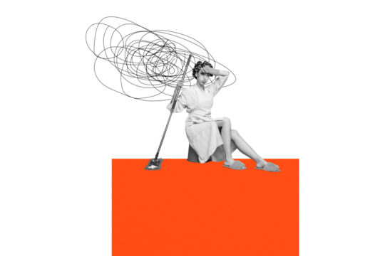 Composite photo collage of tired housemaid girl sit bucket finish cleaning duties hold mop floor disinfection isolated on painted background