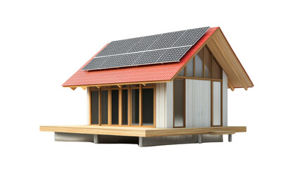 3D model of a small wooden cottage house with a door, window, and roof, isolated on a white background, perfect for construction, real estate, or architecture design